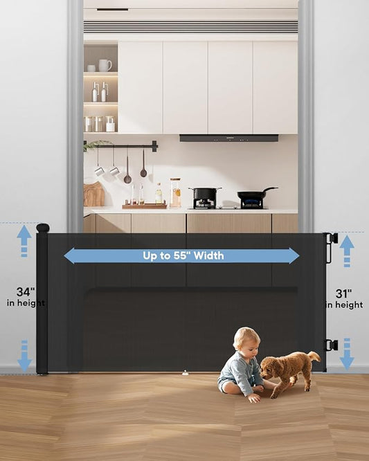 Retractable Baby Gate - 55" Wide Mesh Pet Gate with Anti-Crawling Hook, Safety Lock, One-Hand Operation, 34" Tall Baby Gate for Stairs, Doorways, Hallways, Garage, Indoor Outdoor, Black