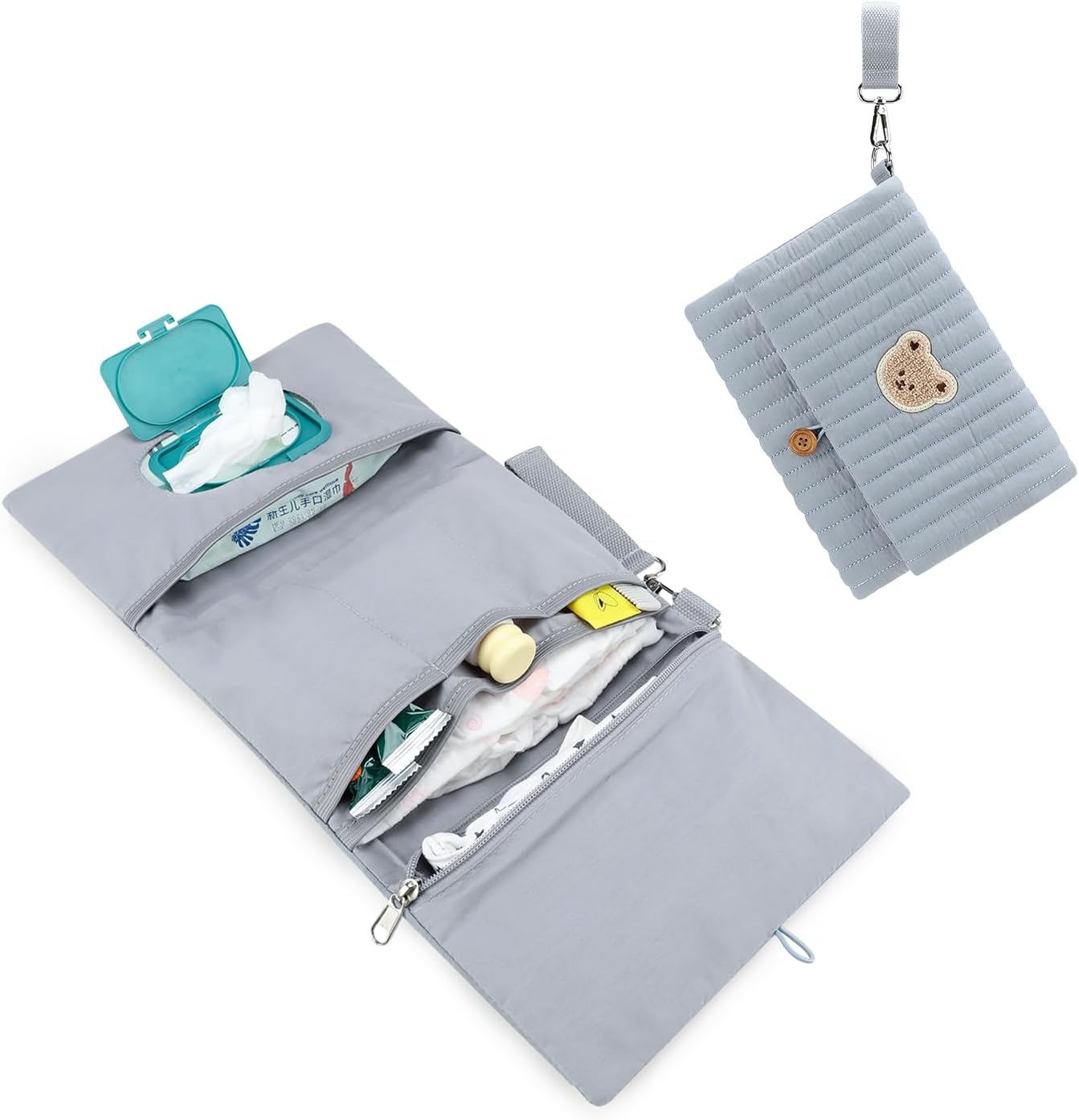 MOMIGO Baby Diaper Bag Organizer Pouches Waterproof Mini Diaper Bag - 2 pcs/set Foldable Hanging Bag Reusable, Washable or Cloth Diapers, with Gift for Baby Shower (Khaki（A）)