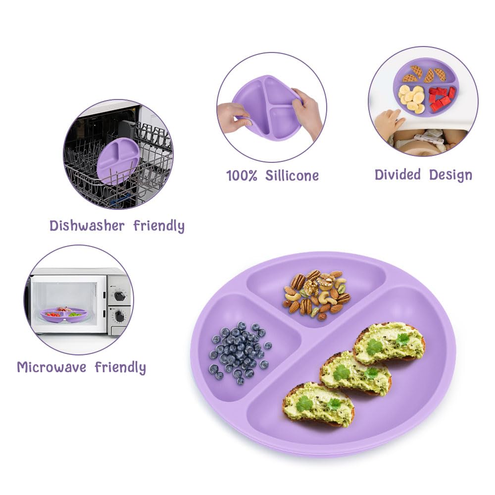 Vicloon Suction Plates, 2 Pcs Baby Toddler Plate Silicone, BPA Free Divided Plate, Divided Plate Design,Silicone Grip Dish Microwave & Dishwasher Safe