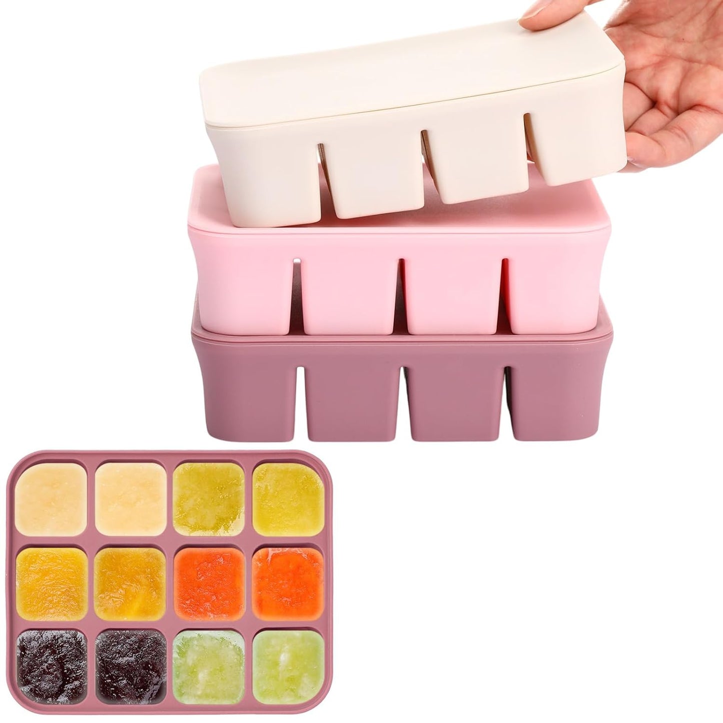 Mimorou 3 Pack Baby Food Freezer Tray with Lids 2.8 oz x 12 Cups Silicone Baby Food Storage Container Ice Cube Freezer Molds for Homemade Vegetable Fruit Purees Snack(12 Cups,White, Yellow, Brown)