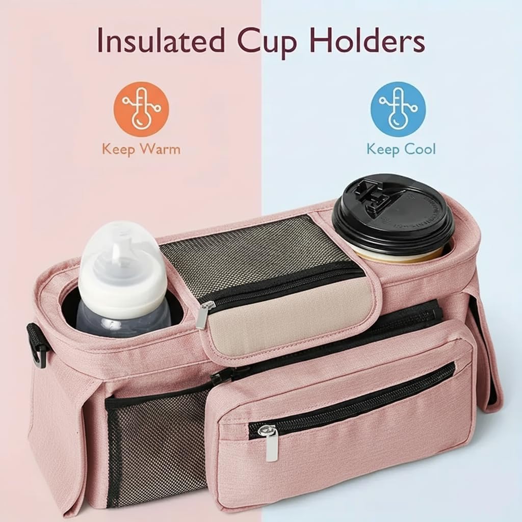 Stroller Organizer with Insulated Cup Holders - Universal Blue Baby Stroller Bag Caddy with Detachable Phone Pocket, Diaper Storage, Adjustable Straps for Uppababy, Doona, Baby Jogger, Britax