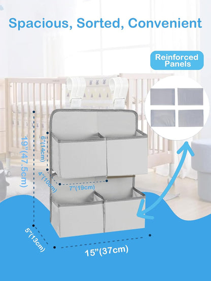 Hanging Diaper Organizer for Crib/Playpen/Bassinet – Hold 80+ Diapers - 4 Deep Pockets-H19in x L15 in Changing Table Diaper Holder - Hanging Diaper Storage Stacker Nursery Caddy - Gray