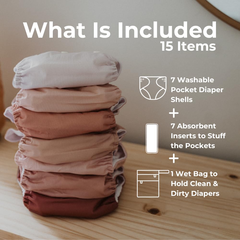 Nora's Nursery Cloth Diapers 7 Pack with 7 Inserts & 1 Wet Bag - Waterproof Cover, Washable, Reusable & One Size Adjustable Pocket Diapers for Newborns and Toddlers - Cali Coastal