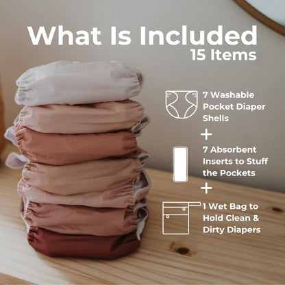 Nora's Nursery Cloth Diapers 7 Pack with 7 Inserts & 1 Wet Bag - Waterproof Cover, Washable, Reusable & One Size Adjustable Pocket Diapers for Newborns and Toddlers - Cali Coastal
