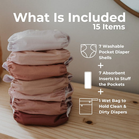 Nora's Nursery Cloth Diapers 7 Pack with 7 Inserts & 1 Wet Bag - Waterproof Cover, Washable, Reusable & One Size Adjustable Pocket Diapers for Newborns and Toddlers - Cali Coastal
