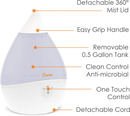 Crane Droplet Ultrasonic Small Air Humidifiers for Bedroom and Office, 0.5 Gallon Cool Mist Humidifier for Plants and Home, Humidifier Filters Optional, White