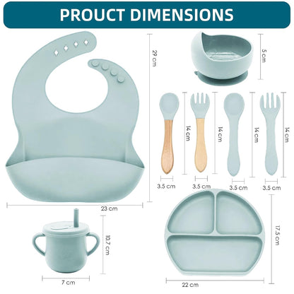 100% Silicone Baby Feeding Set, BPA Free Baby Dishes with Suction Bowl, Divided Plate, Toddler Self Feeding Dish Set with Spoons, Forks, Sippy Cup and Bib, Baby Eating Utensils (Navy Blue)