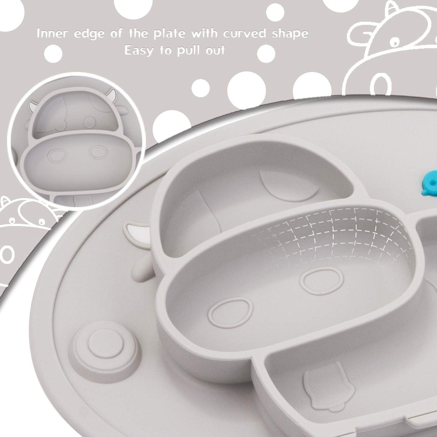 Silicone Divided Toddler Plates - Portable Non Slip Suction Plates Placemat for Children Babies and Kids BPA Free Baby Dinner Plate Bowl (Owl-Cyan)