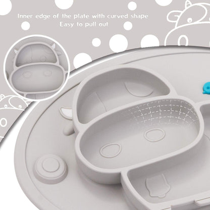 Silicone Divided Toddler Plates - Portable Non Slip Suction Plates Placemat for Children Babies and Kids BPA Free Baby Dinner Plate Bowl (Owl-Cyan)