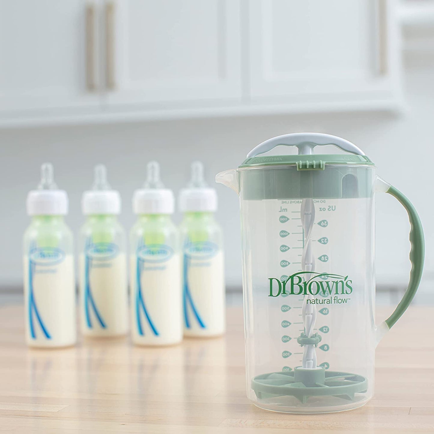 Dr. Brown's Baby Formula Mixing Pitcher 36 oz, Olive with Anti-Colic Options+ Narrow Baby Bottles, 4 Pack, 8 oz