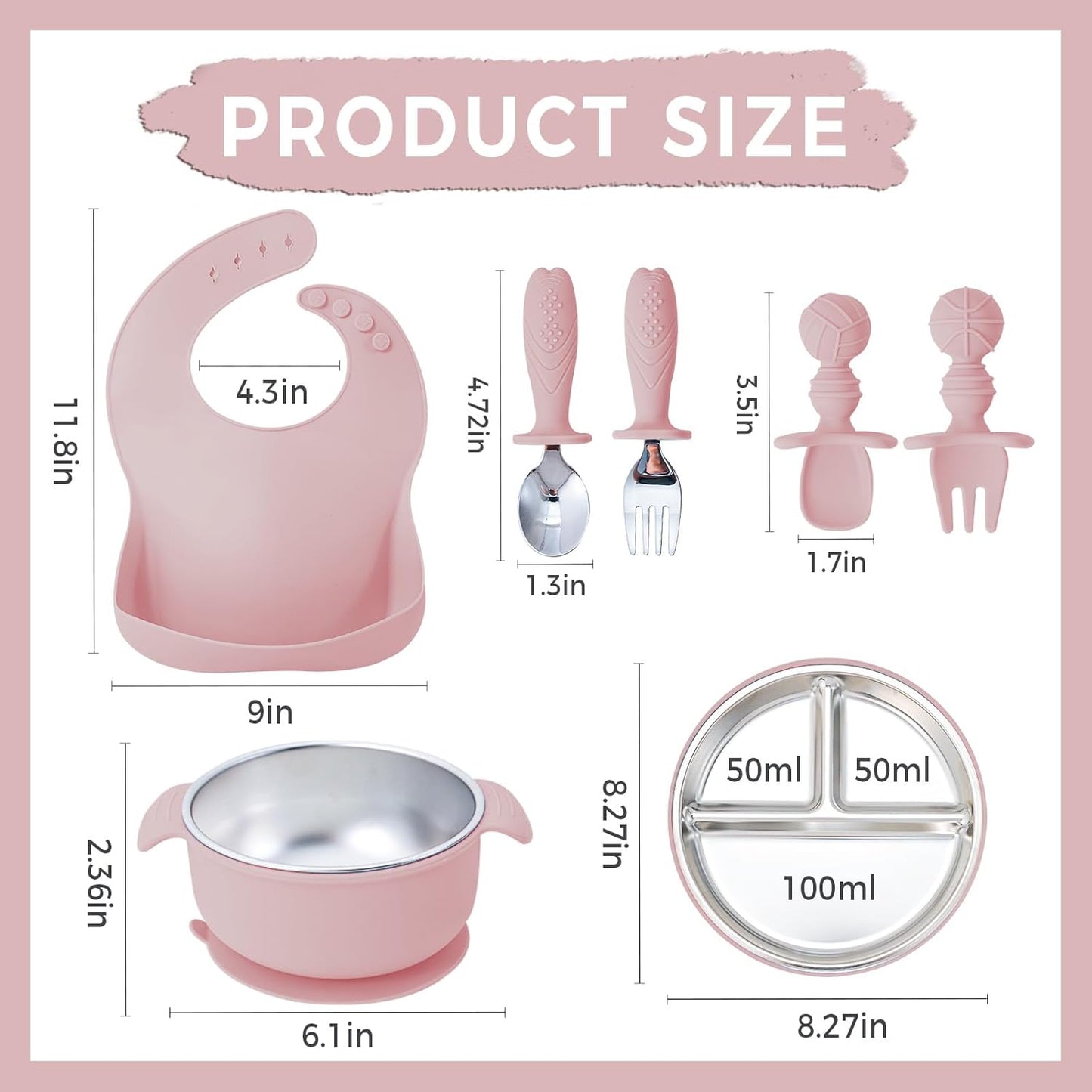7 Pieces 304 Stainless Steel Baby & Toddler Feeding Set - Suction Divided Plates, Bowls, Silicone & Stainless Spoon Fork,Pocket Bib Unbreakable, Dishwasher Safe Kids Dinnerware Essentials (Blue)