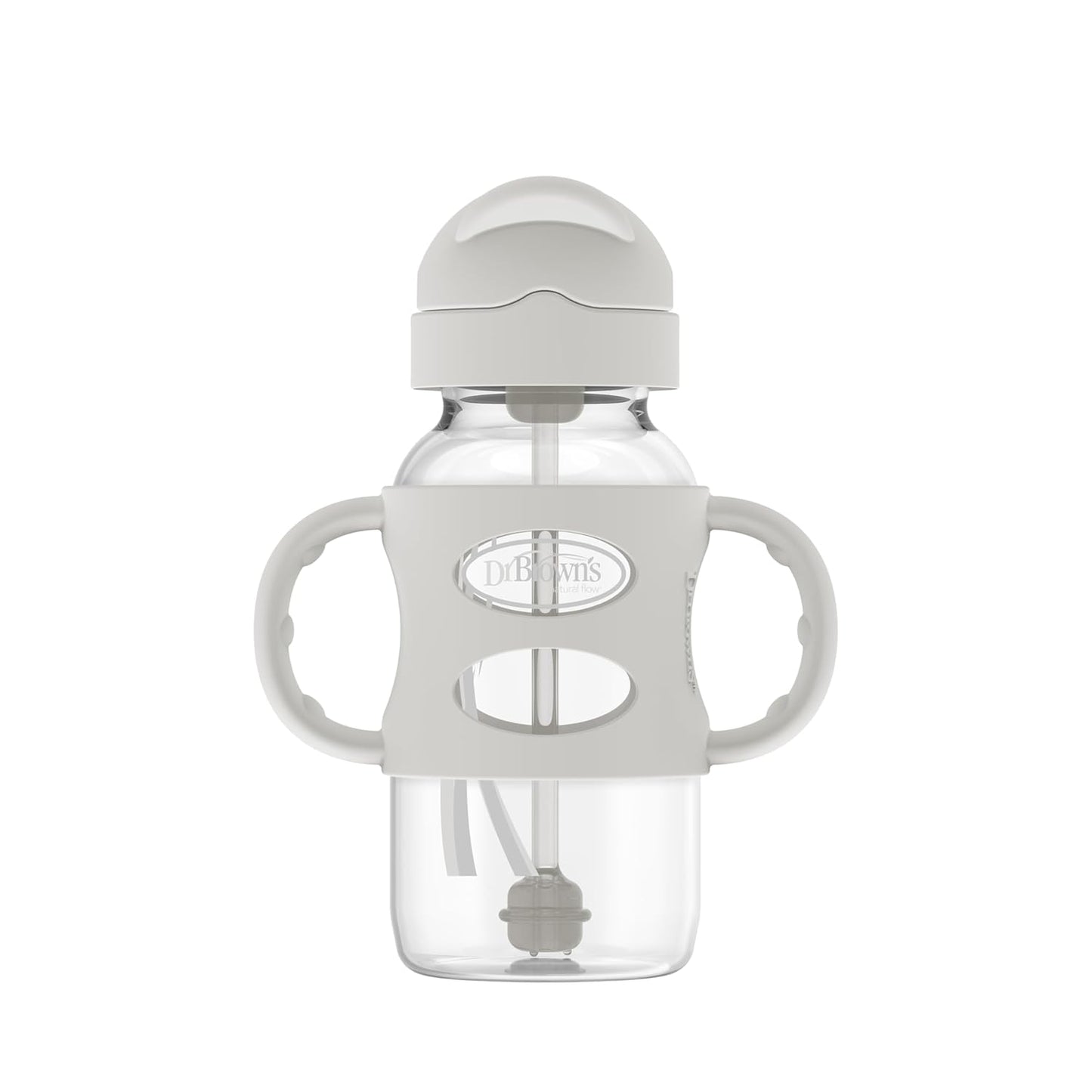 Dr. Brown's Milestones Wide-Neck Sippy Straw Bottle, Spill-Proof with 100% Silicone Handles and Weighted Straw, 9 oz/270 mL, Gray & Pink, 6m+, 2-Pack