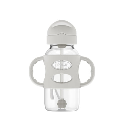 Dr. Brown's Milestones Wide-Neck Sippy Straw Bottle, Spill-Proof with 100% Silicone Handles and Weighted Straw, 9 oz/270 mL, Gray & Pink, 6m+, 2-Pack
