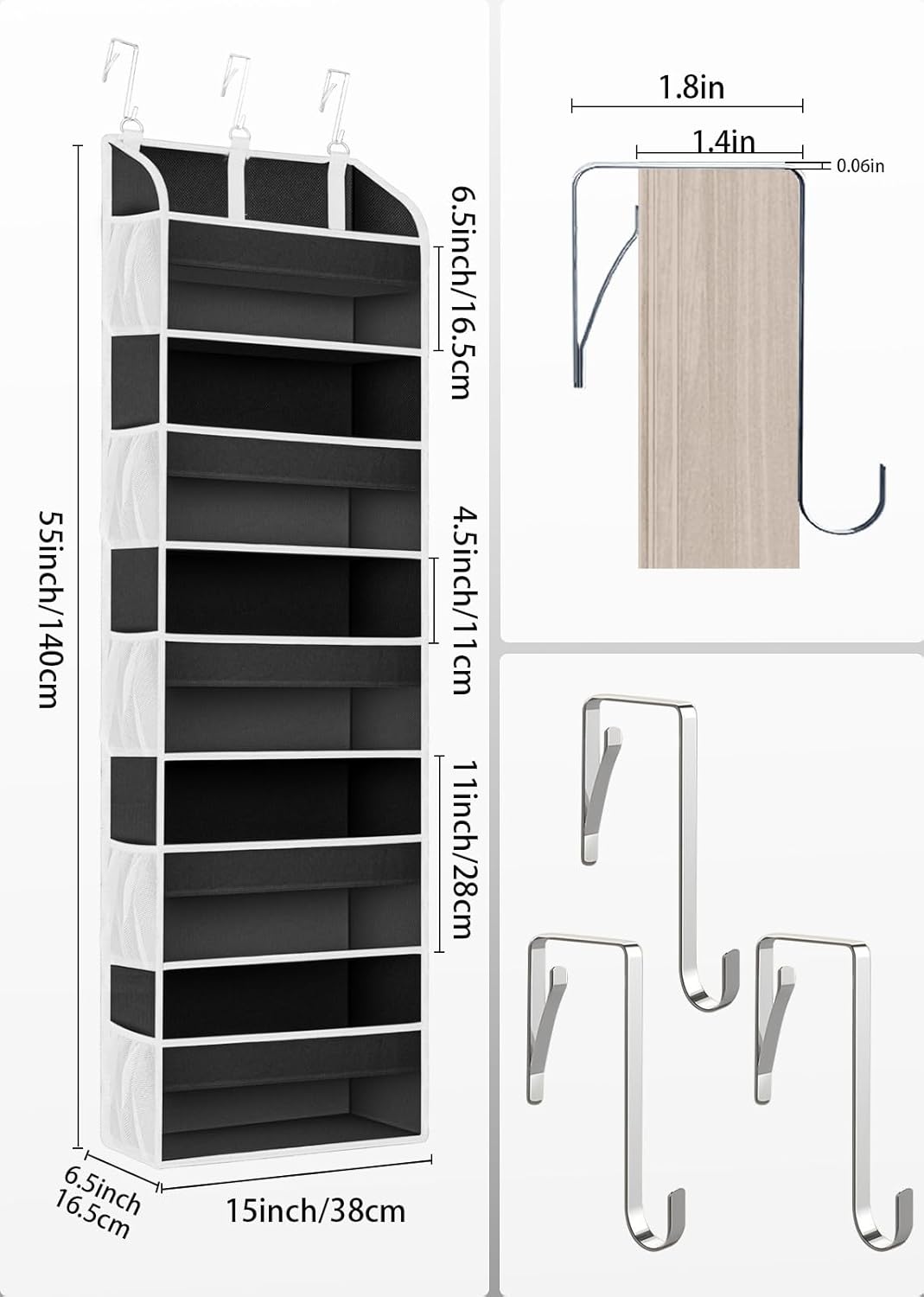 TAHAVICE 1 Pack Over The Door Organizer Storage, Hanging Organizer Closet with 5 Large Pockets 10 Mesh Pockets, 44 lbs Weight Capacity, Behind Door Storage for Nursery Bedroom Bathroom (Dark Grey)