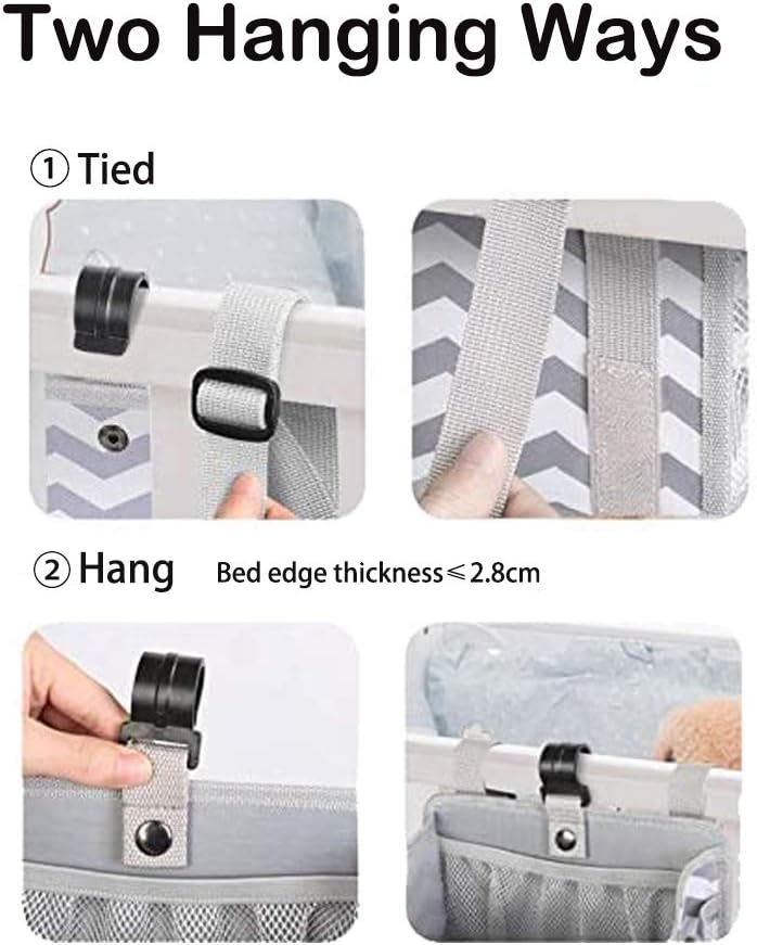 Hanging Diaper Caddy Organizer for Crib, Baby Diaper Holder with 3 Compartments, Water-Resistant Nursery Storage Bag for Changing Table, Playard, Wall, Ripple Grey