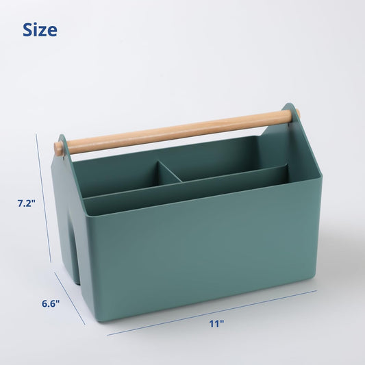 BLUE GINKGO Medium Storage Basket – Plastic Caddy with Wooden Handle for Office, Arts & Crafts, or Home Supplies (White)