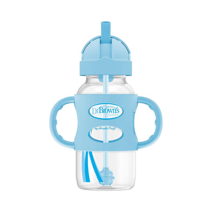Dr. Brown's Milestones Wide-Neck Sippy Straw Bottle, Spill-Proof with 100% Silicone Handles and Weighted Straw, 9 oz/270 mL, Gray & Pink, 6m+, 2-Pack
