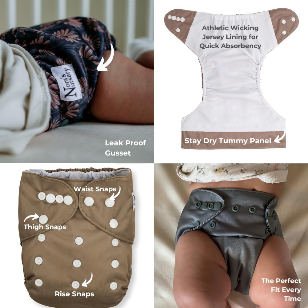 Nora's Nursery AWJ Cloth Diapers 7 Pack with 1 Wet Bag - Waterproof Cover, Washable, Reusable & One Size Adjustable Pocket Diapers for Newborns and Toddlers - Dahlia