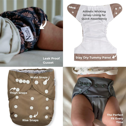 Nora's Nursery AWJ Cloth Diapers 7 Pack with 1 Wet Bag - Waterproof Cover, Washable, Reusable & One Size Adjustable Pocket Diapers for Newborns and Toddlers - Dahlia