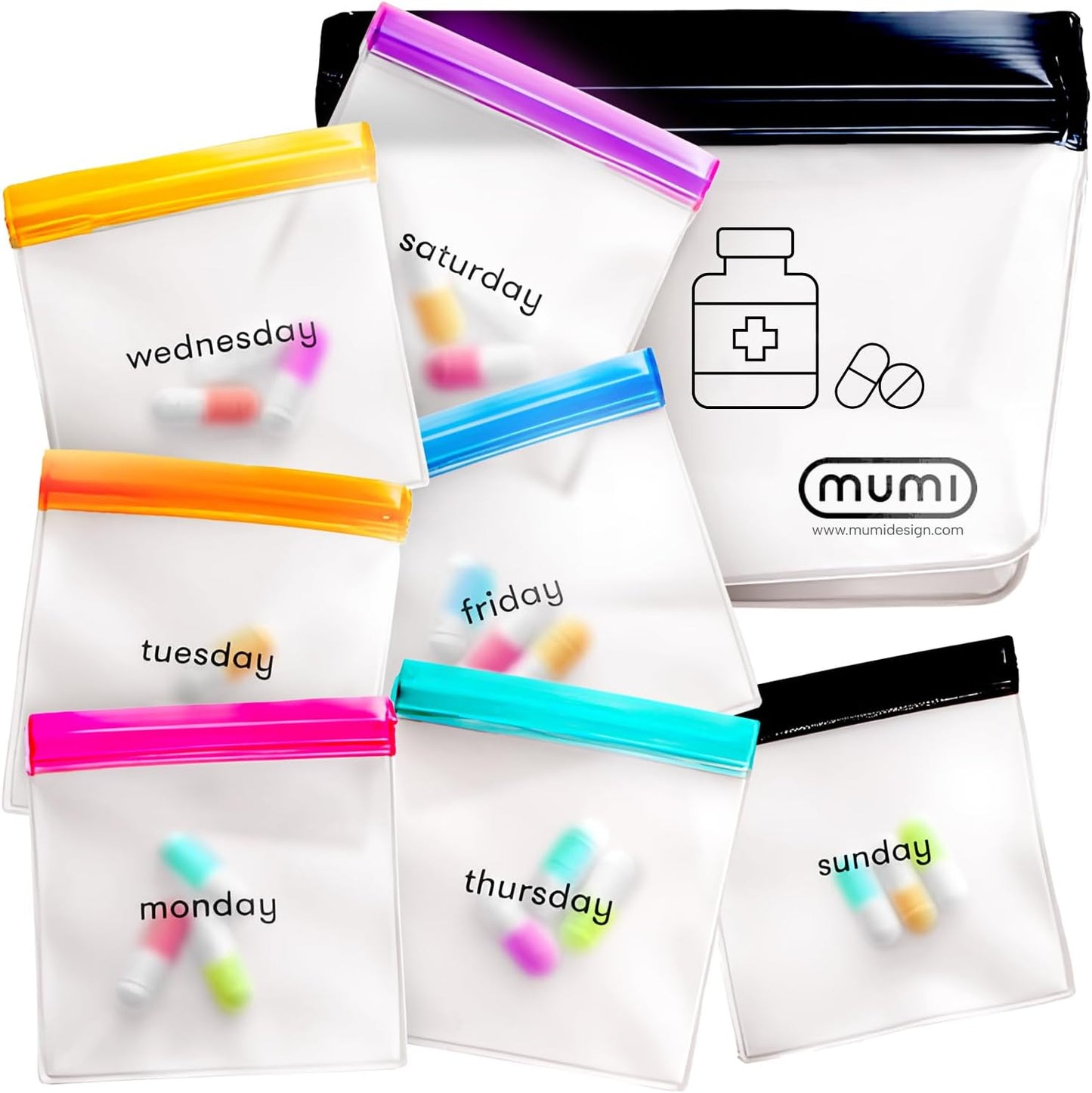MUMI Single Dose Kit – 7pc (2.36” x 6.14”) Reusable Protein Powder Travel Container Packets with Zip-Up Bag (8” x 5”) & Funnel | Protein Powder Container to Go, Travel Powder Containers & Organizer