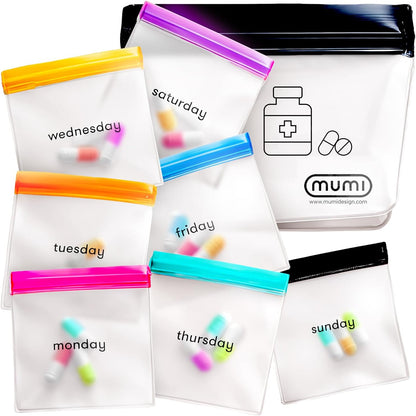 MUMI Single Dose Kit – 7pc (2.36” x 6.14”) Reusable Protein Powder Travel Container Packets with Zip-Up Bag (8” x 5”) & Funnel | Protein Powder Container to Go, Travel Powder Containers & Organizer