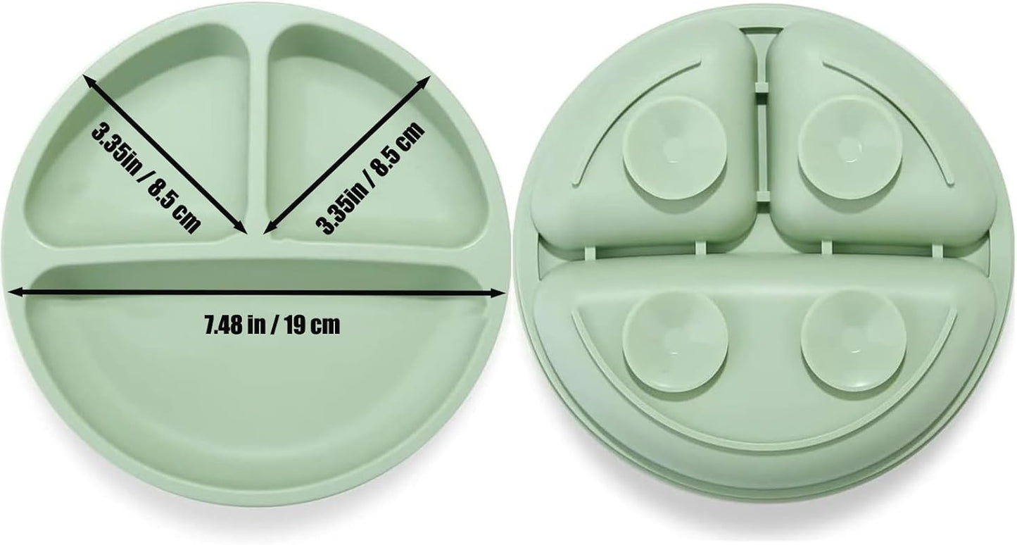 PandaEar Silicone Baby Feeding Set| 2 Pack Silicone Divided Suction Plate with 2 Pack Spoons | Baby Led Weaning Supplies Self Feeding Eating Utensils (Green/Grey)