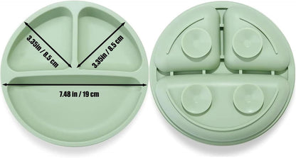 PandaEar Silicone Baby Feeding Set| 2 Pack Silicone Divided Suction Plate with 2 Pack Spoons | Baby Led Weaning Supplies Self Feeding Eating Utensils (Green/Grey)