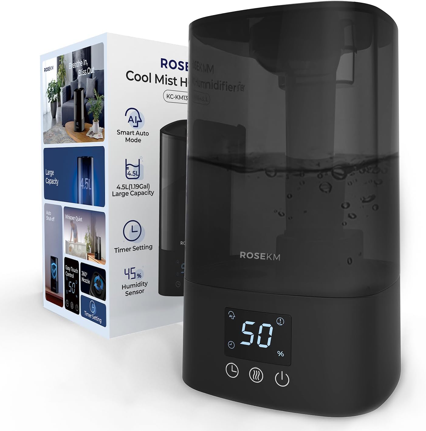 ROSEKM Humidifiers for Bedroom, 2.0L Cool Mist Humidifier for Home Plant and Baby Nursery, Quiet Ultrasonic Humidifier with 360° Nozzle, Auto Shut-Off, Filterless, Black