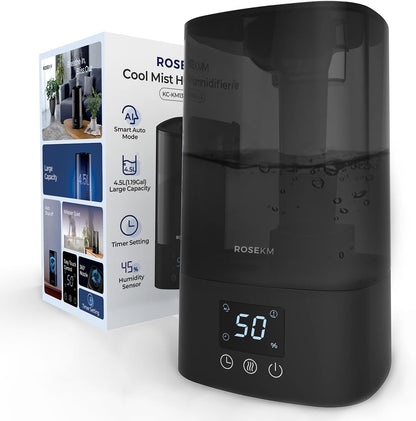 ROSEKM Humidifiers for Bedroom, 2.0L Cool Mist Humidifier for Home Plant and Baby Nursery, Quiet Ultrasonic Humidifier with 360° Nozzle, Auto Shut-Off, Filterless, Black