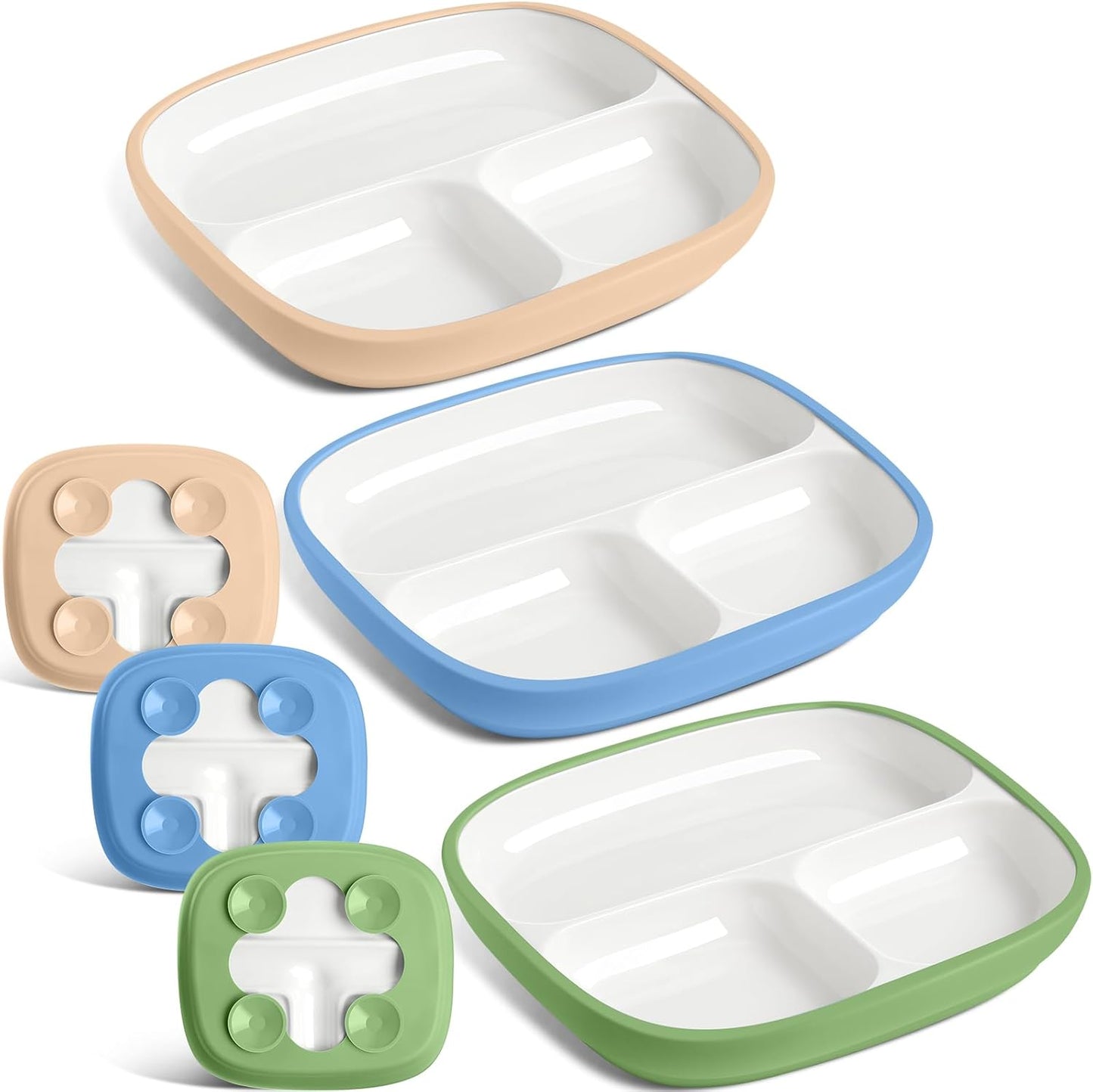 Domensi Kids Porcelain Plates with Silicone Sleeves 8.2 Inch Divided Porcelain Plate Toddler White Suction Dishes for Baby Troubleless Eating Microwave Dishwasher Safe(Stylish,3 Set)