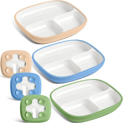 Domensi Kids Porcelain Plates with Silicone Sleeves 8.2 Inch Divided Porcelain Plate Toddler White Suction Dishes for Baby Troubleless Eating Microwave Dishwasher Safe(Stylish,3 Set)