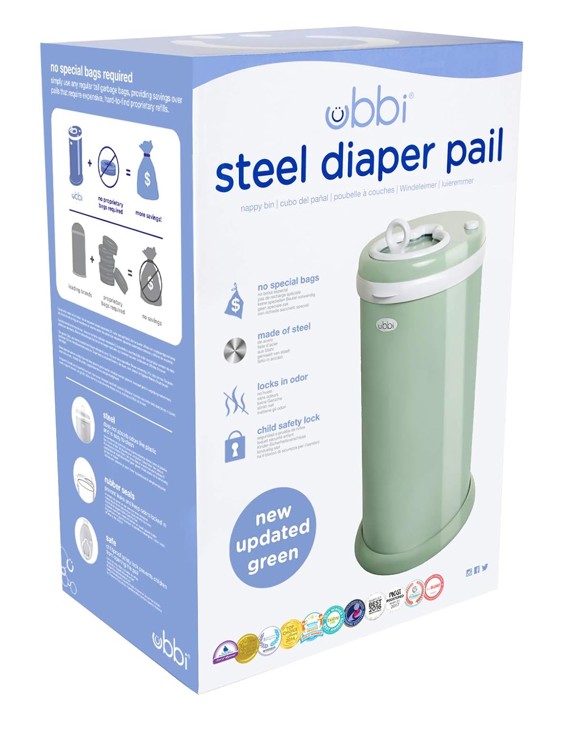 Ubbi Steel Diaper Pail & On-The-Go Diaper Bag Dispenser for Travel with Lavender-Scented Bags Baby Registry Must-Have Bundle, Sage Green