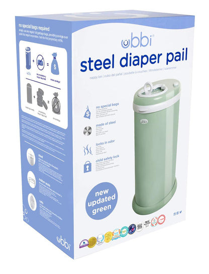 Ubbi Steel Diaper Pail & On-The-Go Diaper Bag Dispenser for Travel with Lavender-Scented Bags Baby Registry Must-Have Bundle, Sage Green