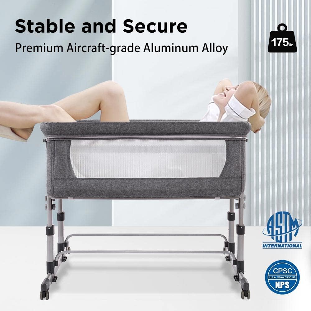 Ihoming Twin Bedside Bassinet for Baby Grey Co Sleeper Crib Attaches to Bed Double Bassinet Sleeper for Twins Infant Newborn Adjustable Safe Sleeping Solution