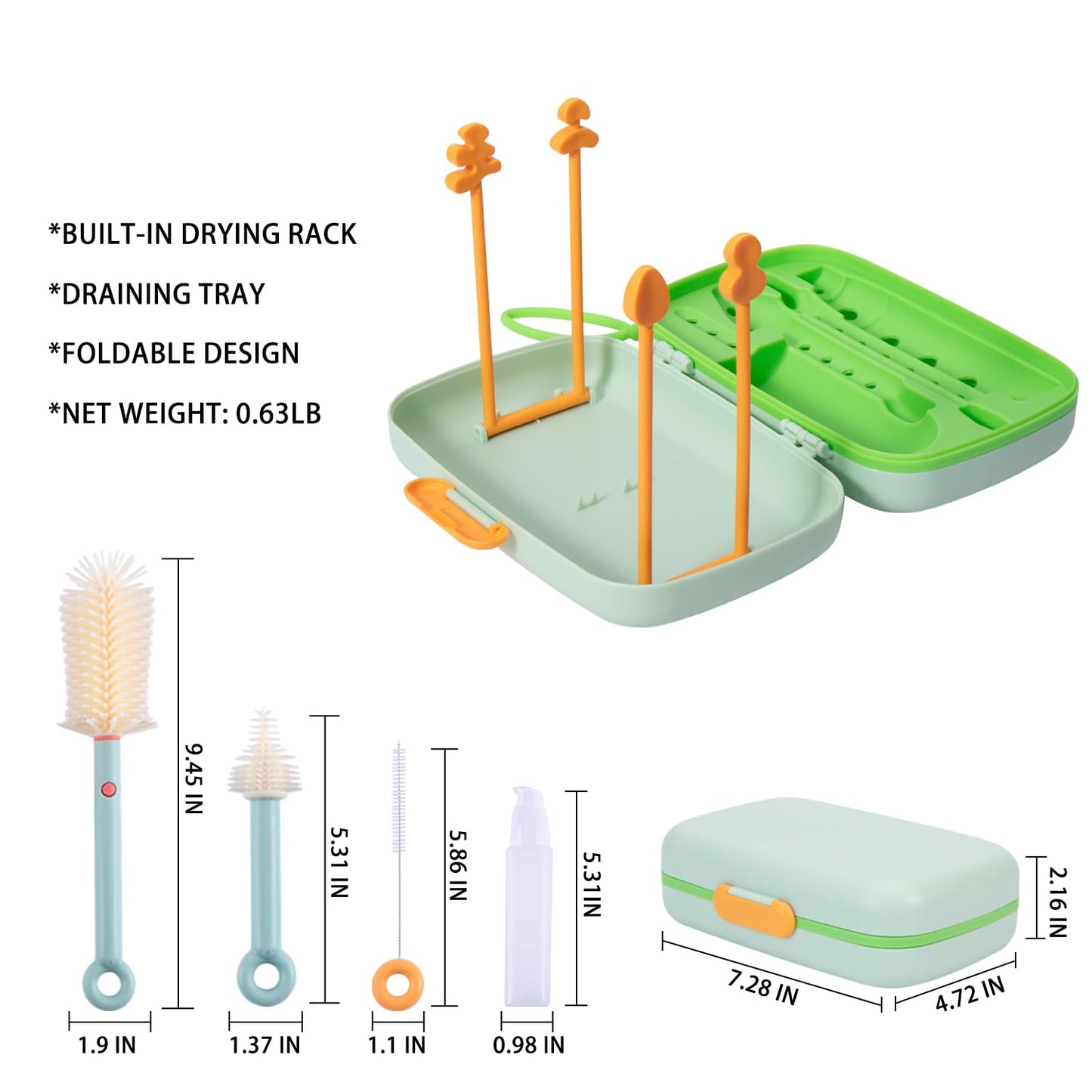7in1 Travel Bottle Cleaner kit with Baby Bottle Brush and Bottle Drying Rack,Swift Cleaning, Easy Portability(Blue)