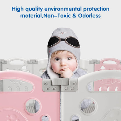 Albott Baby Fence Kid Playpen 18 Panel Albott Play Yard - Foldable Kids Safety Activity Center Playard Safety Lock Gate,Adjustable Shape, Portable Design for Indoor and Outdoor (18 Panel, Grey+White)