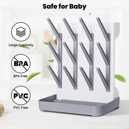 Baby Bottle Drying Rack: Vertical Space Saving Large Bottles Holder - Standing Boon Dryer Rack Baby Accessory - Countertop Holds Up to 12 Bottles & Pump Part Cleaning & Cup (Blue) (Gray)