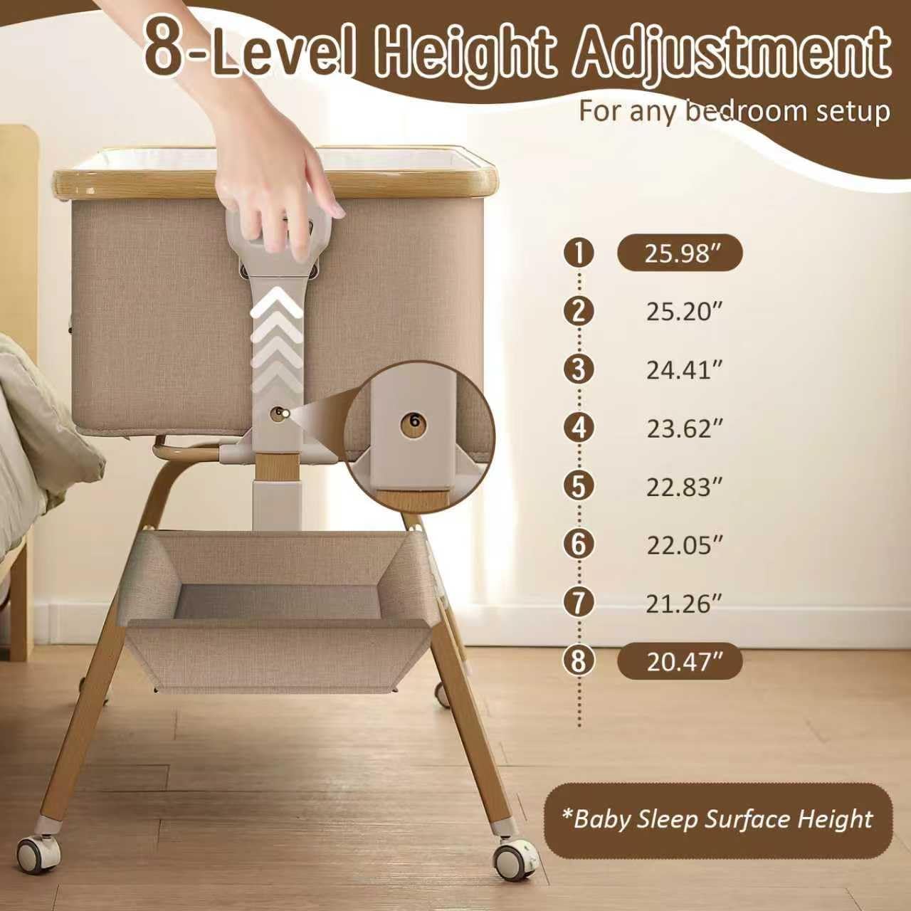 Rocking Baby Bassinet Bedside Sleeper, Detachable Portable Bassinet & Adjustable Crib with 8 Heights, Breathable Mesh, Storage Basket & Mobile Toy for Newborns to Toddlers(Oatmeal)