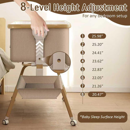 Rocking Baby Bassinet Bedside Sleeper, Detachable Portable Bassinet & Adjustable Crib with 8 Heights, Breathable Mesh, Storage Basket & Mobile Toy for Newborns to Toddlers(Oatmeal)