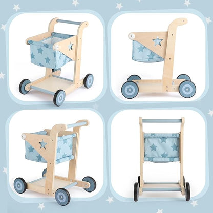 Asweets 2 in 1 Wooden Baby Walker Push and Pull Doll Stroller, Shopping Cart Learning Walker for Boys and Girls, Sit Stand Learning Toddler Toy (Blue)