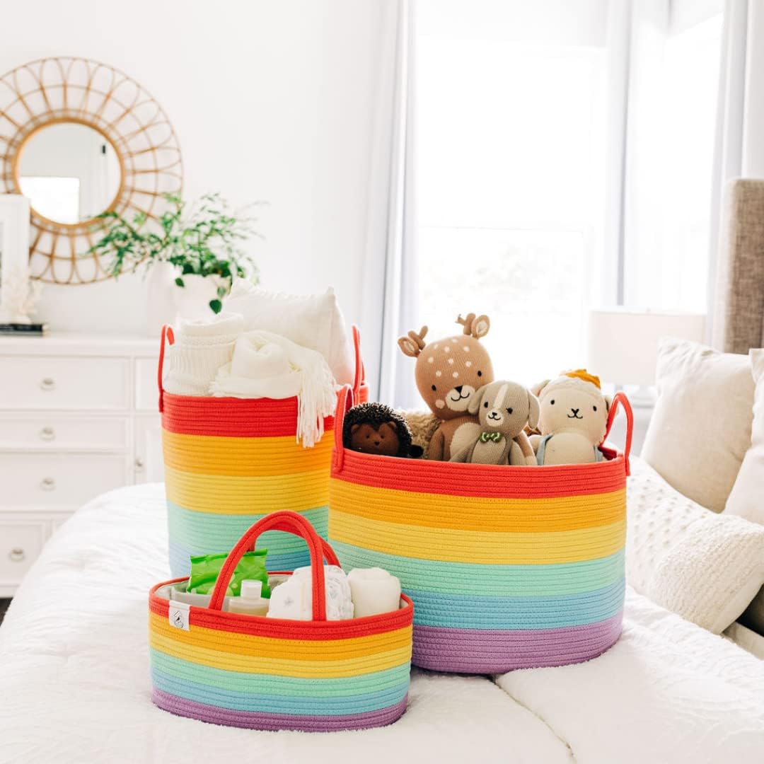 OrganiHaus Pastel Rainbow Nursery Storage Basket, Cotton Rope Toy & Diaper Caddy Organizer with Handles, Baby Diaper Organizer, Foldable Design, Machine Washable, Ideal for Baby Room & Laundry