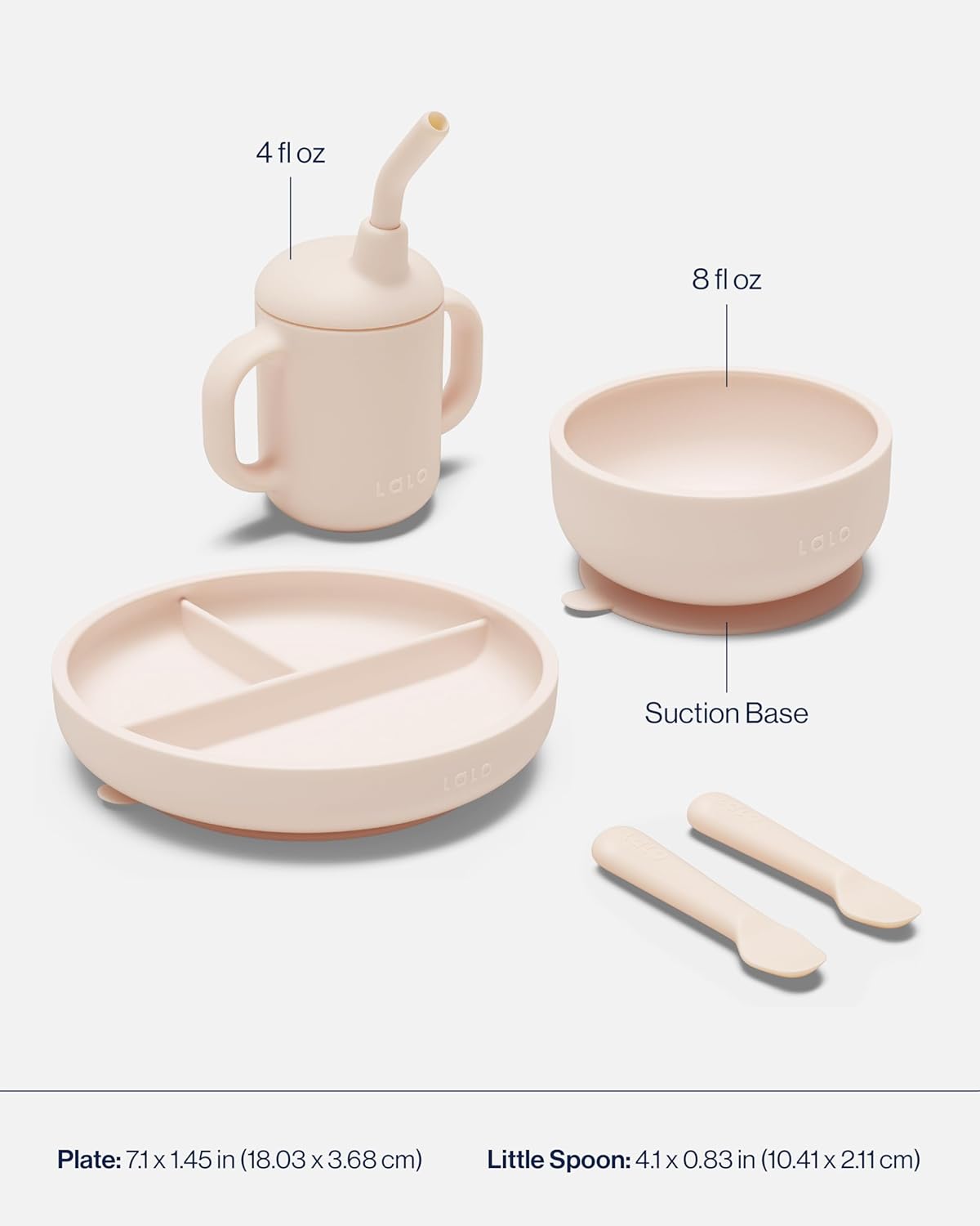 Lalo First Bites Silicone Baby Feeding Set - Baby Led Weaning Supplies - Non-Toxic Silicone - Includes 1 Bib, 2 Spoons, Training Cup, Suction Plate and Bowl - 6 Pieces - Blueberry