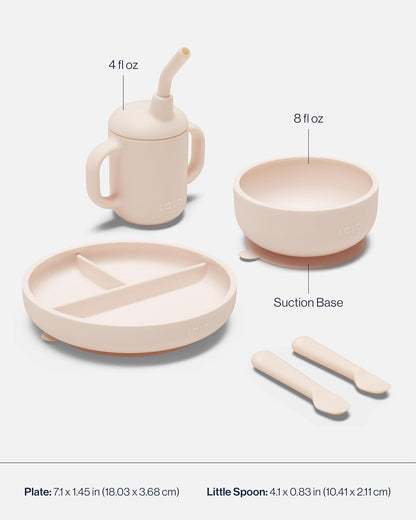 Lalo First Bites Silicone Baby Feeding Set - Baby Led Weaning Supplies - Non-Toxic Silicone - Includes 1 Bib, 2 Spoons, Training Cup, Suction Plate and Bowl - 6 Pieces - Blueberry