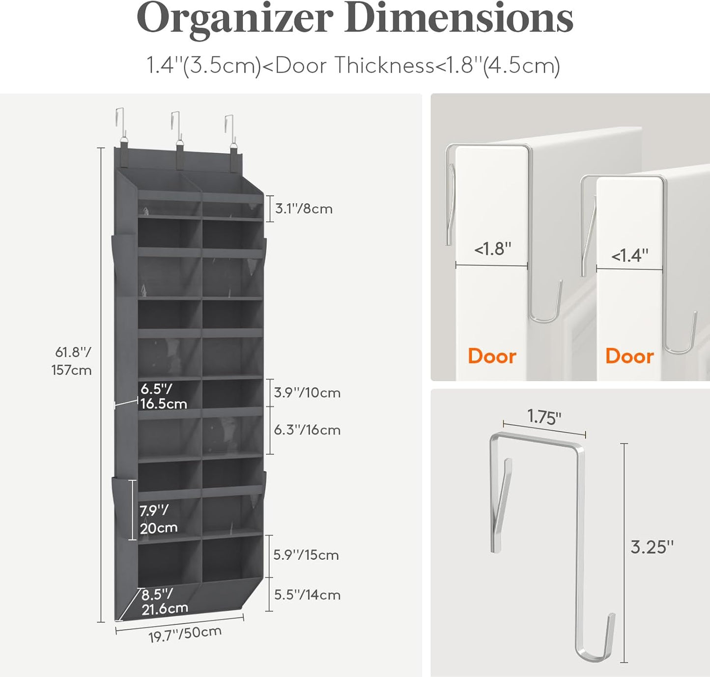 Lifewit 1 Pack Over the Door Organizer, 5 Section Clear Window Hanging Storage with 4 Side Pockets, Sturdy Anti Tilt 40 lbs Load Behind Door for Closet, Bedroom, Bathroom, Nursery, Dorm, Gray