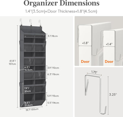 Lifewit 1 Pack Over the Door Organizer, 5 Section Clear Window Hanging Storage with 4 Side Pockets, Sturdy Anti Tilt 40 lbs Load Behind Door for Closet, Bedroom, Bathroom, Nursery, Dorm, Gray