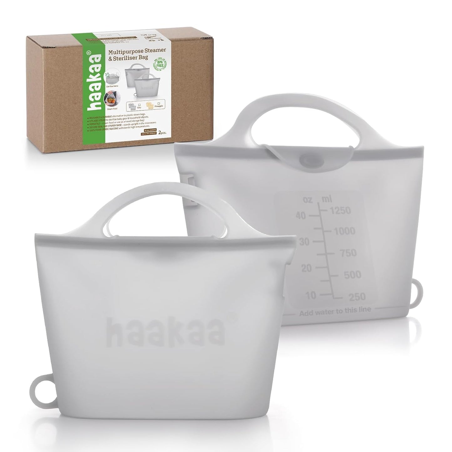 Haakaa On-The-Go Silicone Microwave Steam Sterilizer Bags for Travel, 40oz/1250ml Reusable Silicone Steaming Bags for Baby Bottles, Breast Pump, Accessories, Pacifiers, Teethers,Grey/1PC