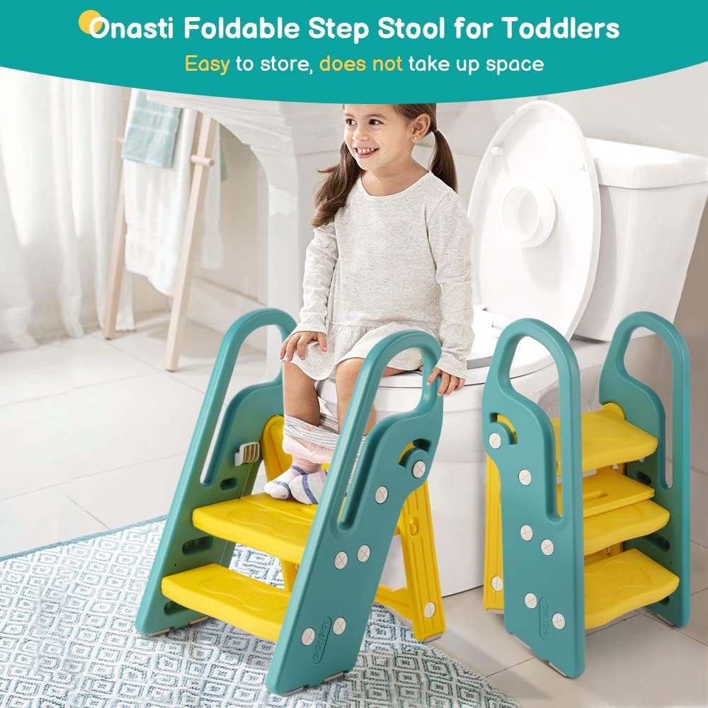 Onasti Foldable Toddler Step Stool for Bathroom Sink, Adjustable 3 Step Stool for Kids Toilet Potty Training Stool with Handles, Child Kitchen Counter Stool Helper, Plastic Ladder for Toddlers Pink
