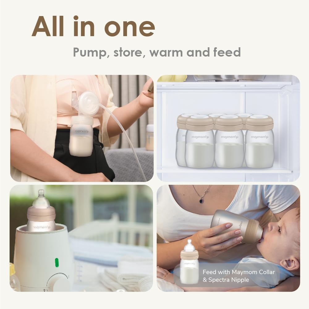 Maymom Wide-Mouth Milk Storage Feeding Collection Bottle with Nipple, Dome Cap, Bottle Top, SureSeal Sealing Disk; Compatible with Spectra Pump/Motif Luna; 5 pc (4.7Oz/140mL)