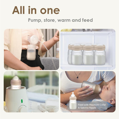 Maymom Wide-Mouth Milk Storage Feeding Collection Bottle with Nipple, Dome Cap, Bottle Top, SureSeal Sealing Disk; Compatible with Spectra Pump/Motif Luna; 5 pc (4.7Oz/140mL)