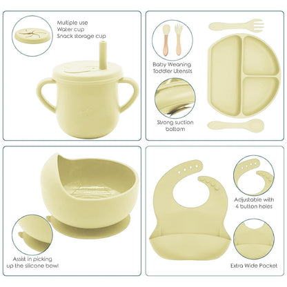 100% Silicone Baby Feeding Set, BPA Free Baby Dishes with Suction Bowl, Divided Plate, Toddler Self Feeding Dish Set with Spoons, Forks, Sippy Cup and Bib, Baby Eating Utensils (Navy Blue)